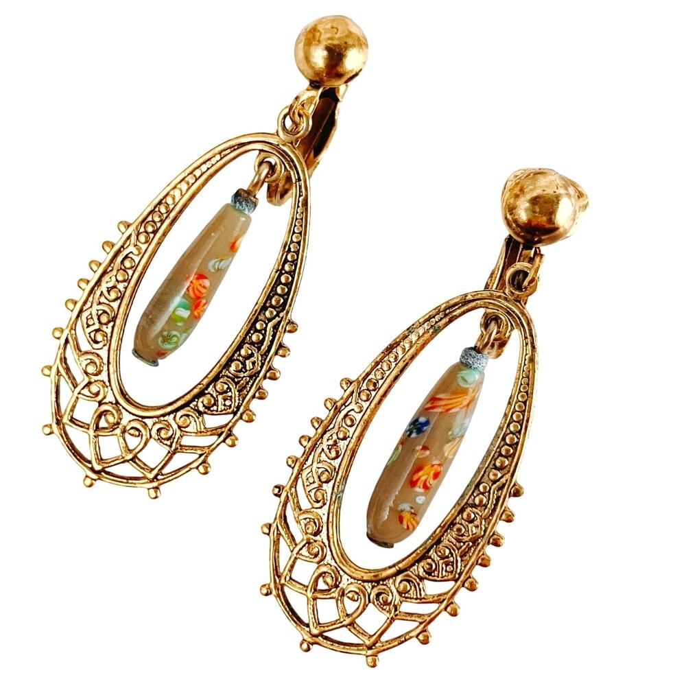 Vintage Mid Century Clip On Earrings Millefiori Art Glass Filigree Gold Tone